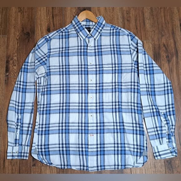 Benson New York Men's Button Down Shirt 100% Linen White Blue Check Large - Picture 1 of 9